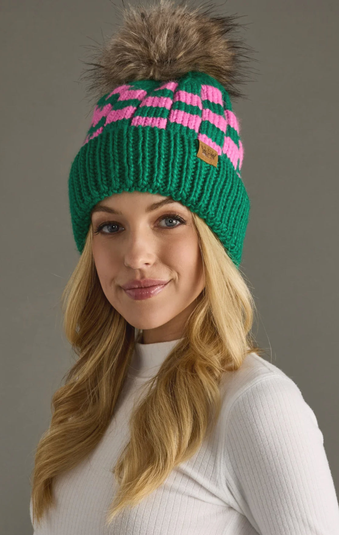 Green & Pink Checkered Knit Pom Beanie