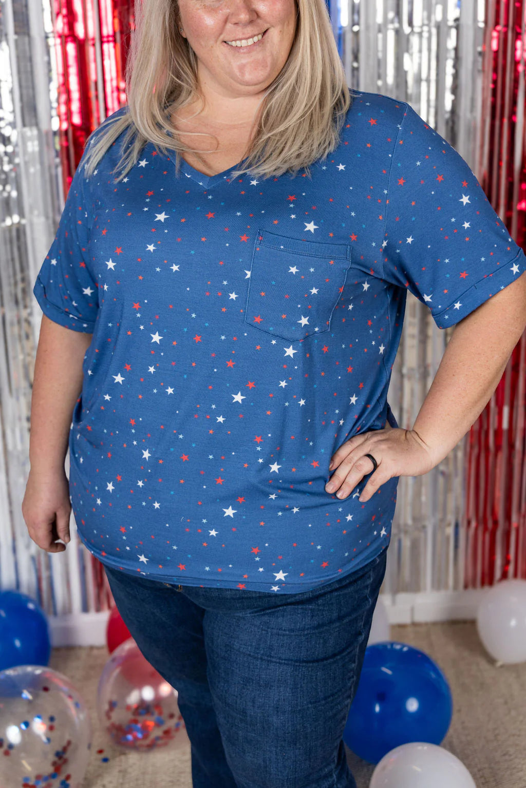 Sophie Pocket Tee - Blue Liberty Stars