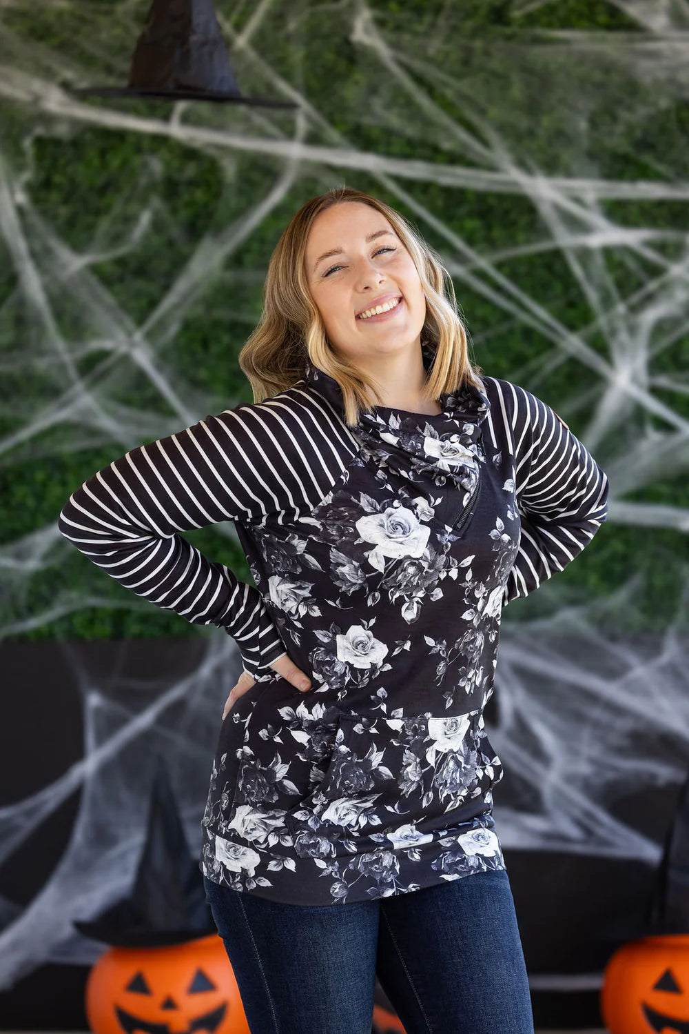 Zoey ZipCowl Sweatshirt - Black Floral and Stripes