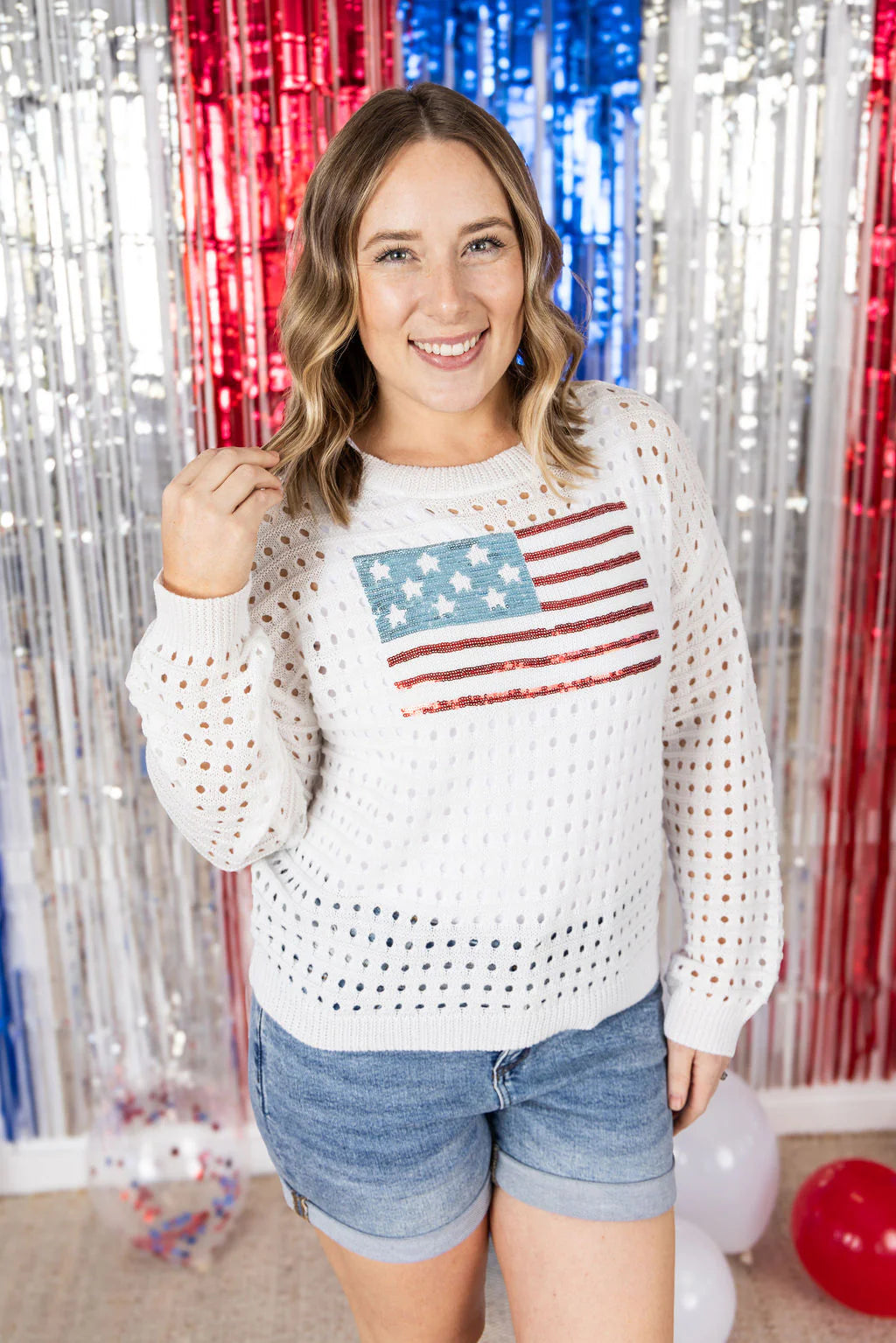 USA Sequin Flag Open Knit Pullover