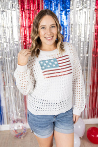 USA Sequin Flag Open Knit Pullover
