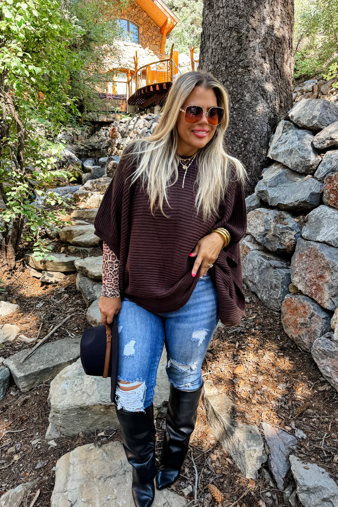 Meg Pullover Poncho in Brown