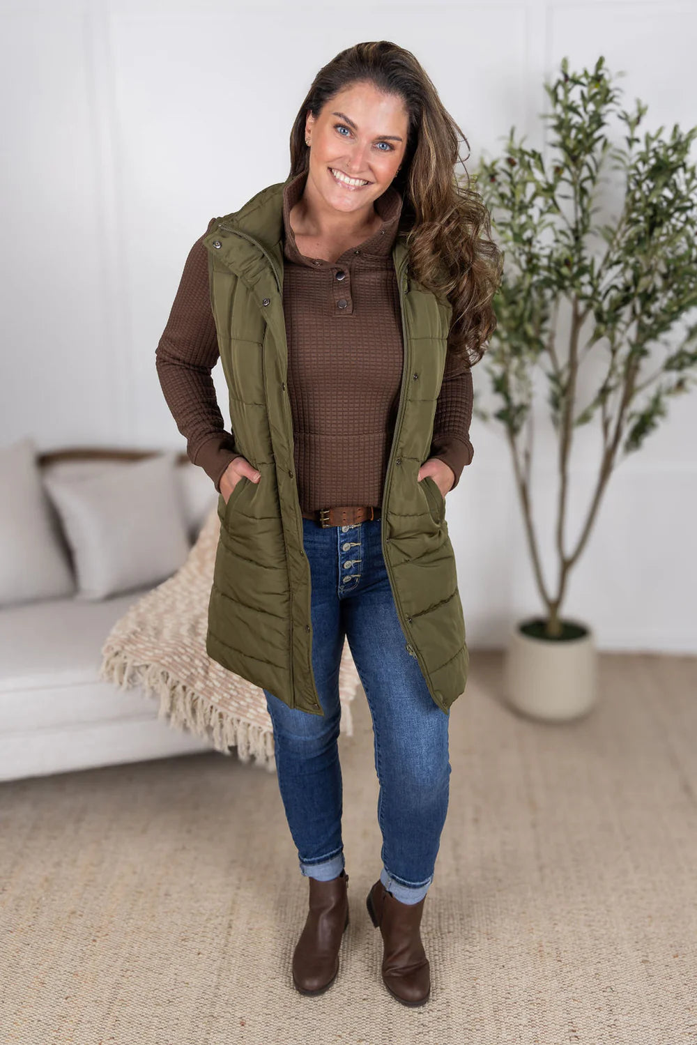 Harlow Long Vest - Army Green