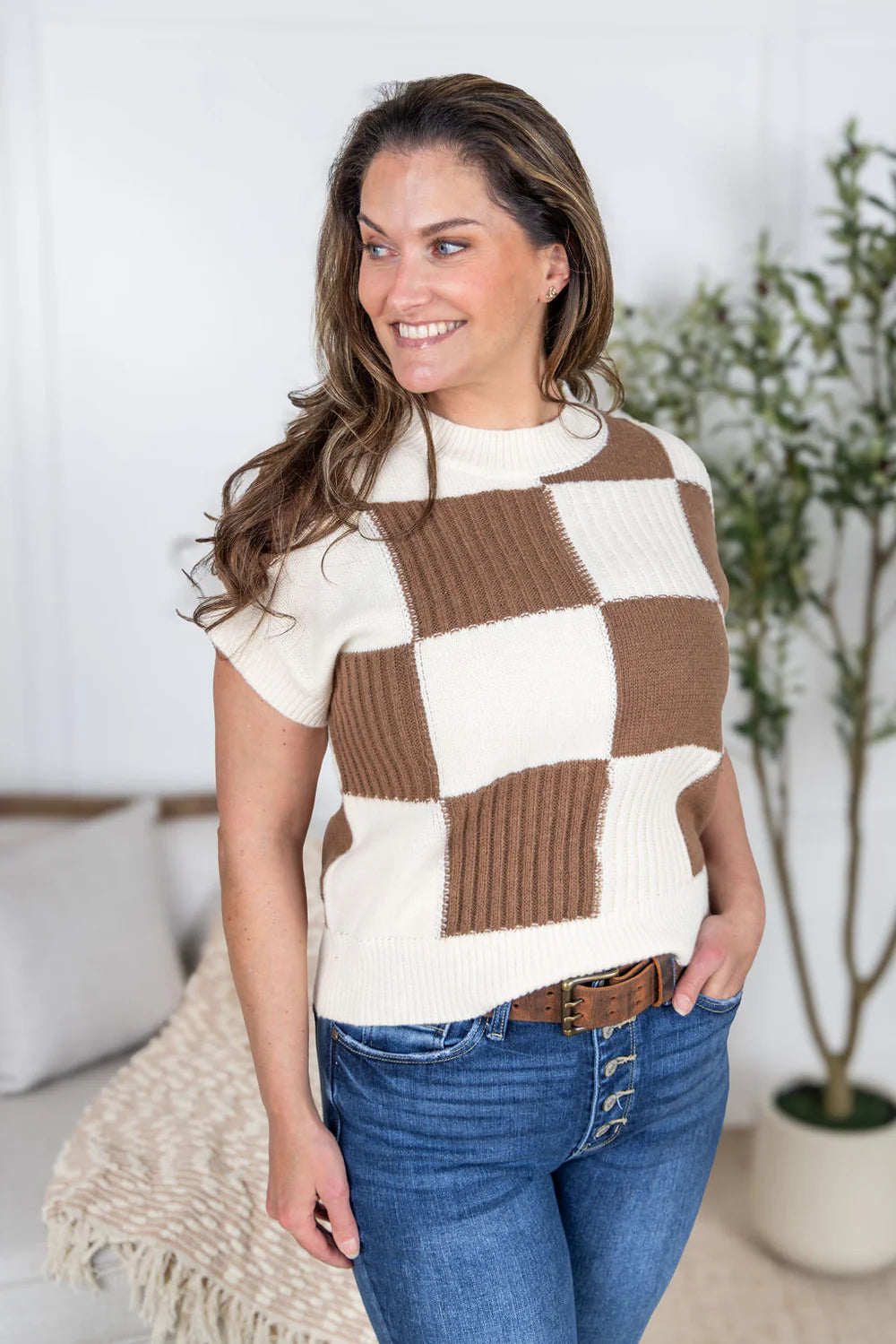 Checkered Sweater Top - Mocha