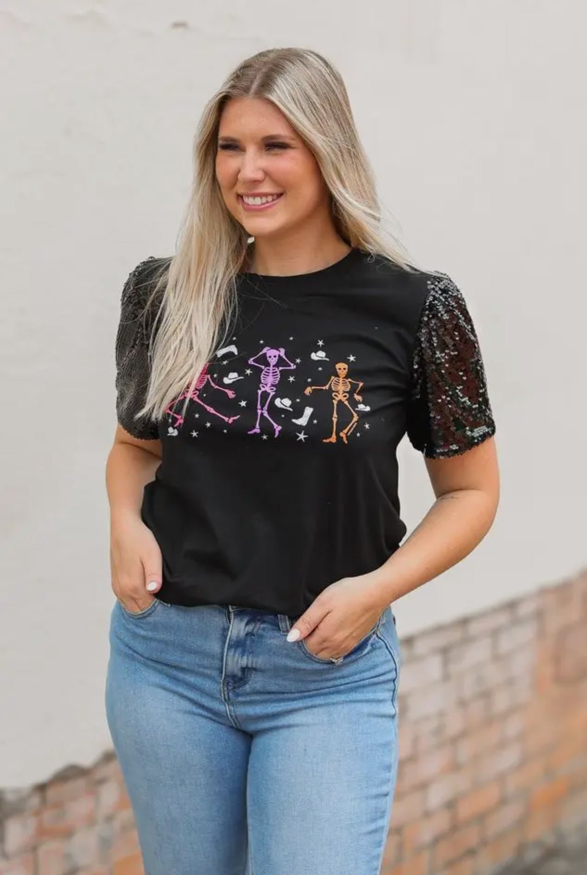 Skelton Top With Sequin Sleeves
