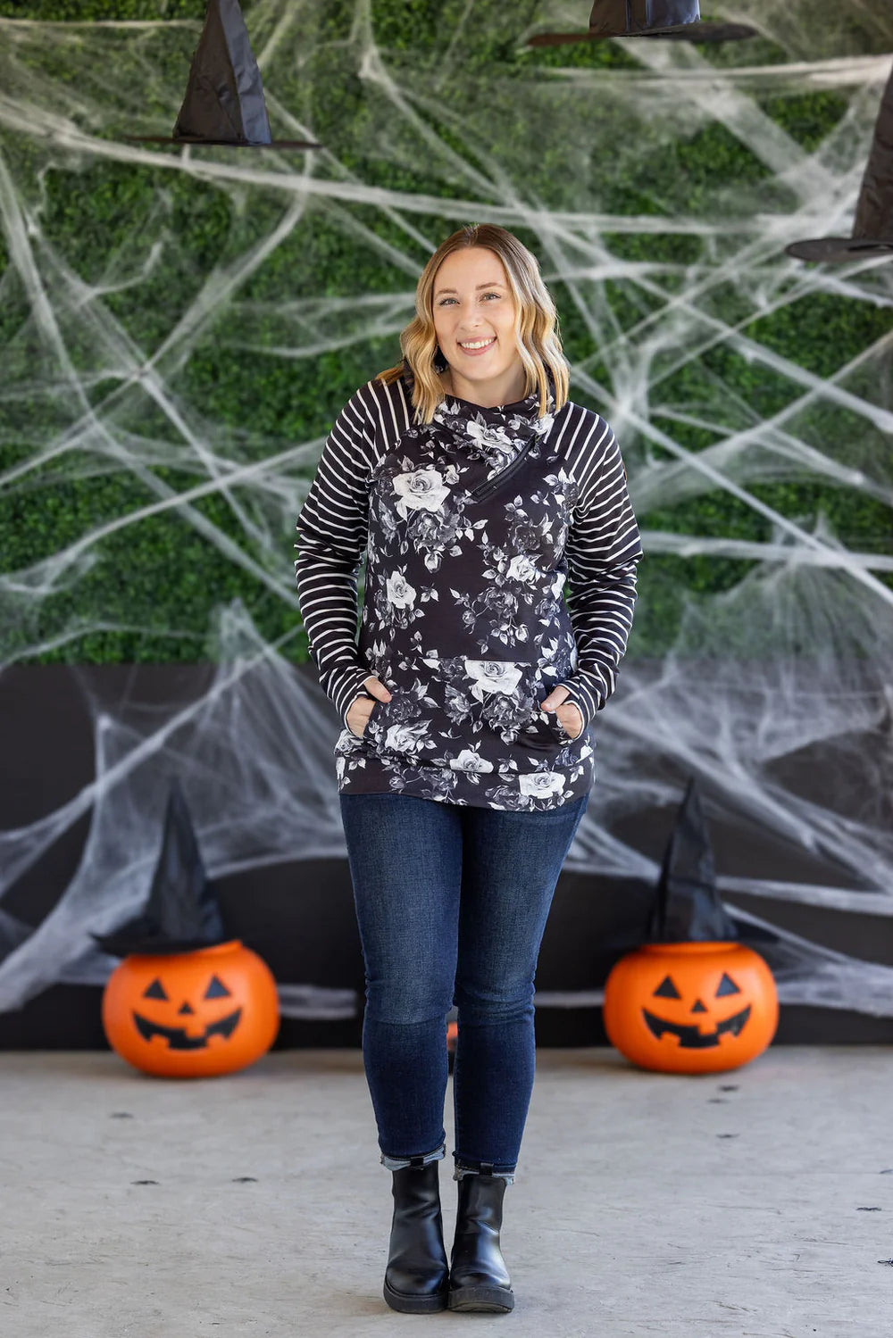 Zoey ZipCowl Sweatshirt - Black Floral and Stripes