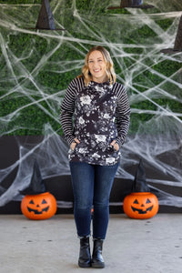 Zoey ZipCowl Sweatshirt - Black Floral and Stripes