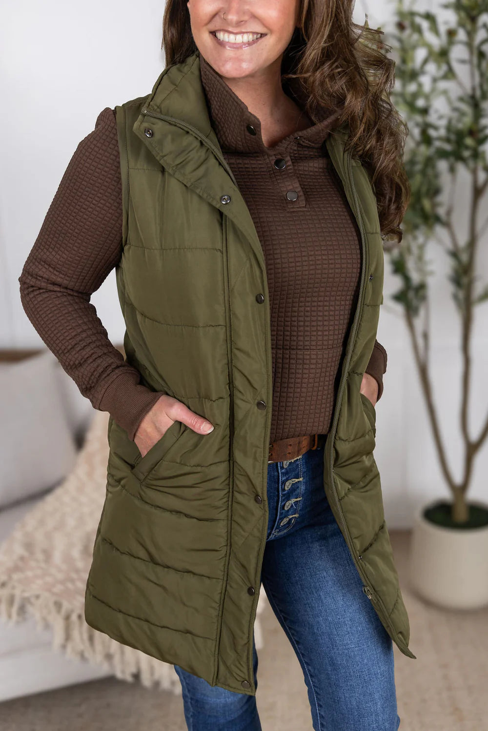 Harlow Long Vest - Army Green