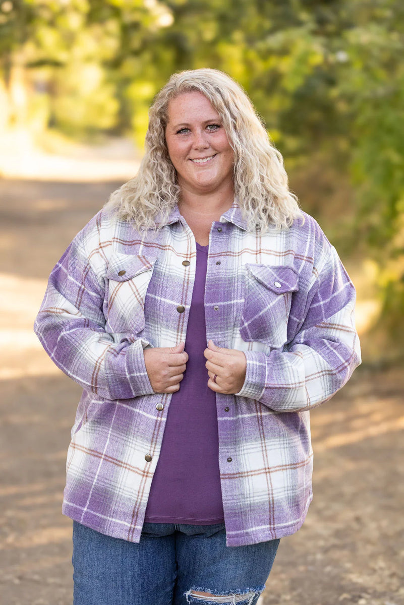 Norah Plaid Shacket - Purple and Gold – Curvy Birdy Boutique
