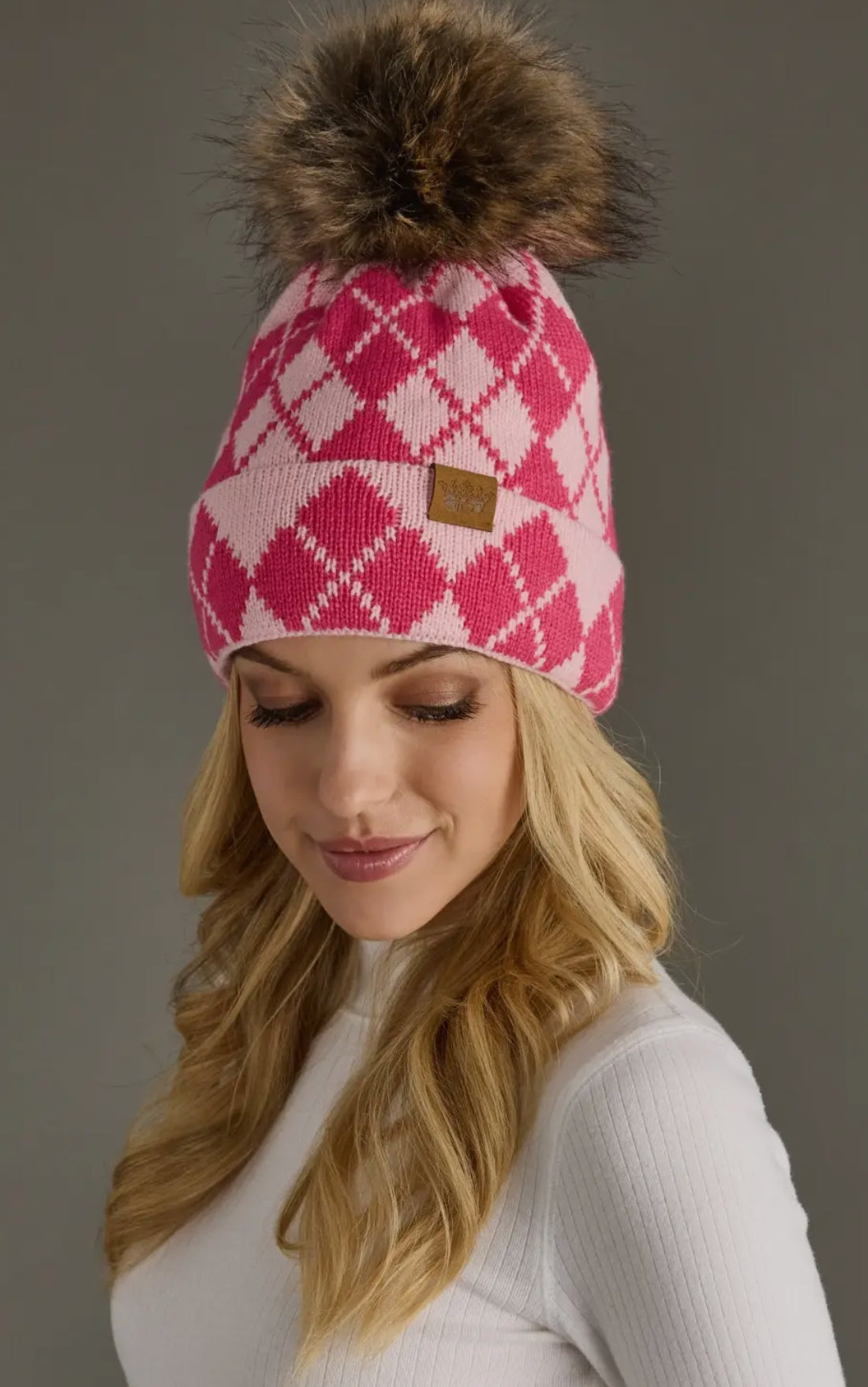 Pink & Blush Argyle Pom Beanie