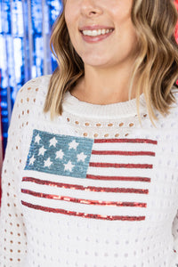 USA Sequin Flag Open Knit Pullover