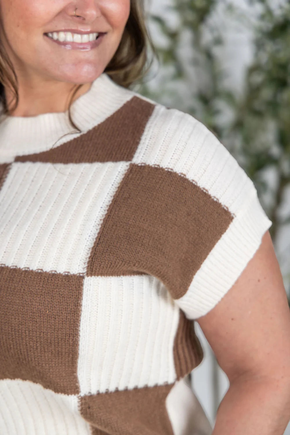 Checkered Sweater Top - Mocha