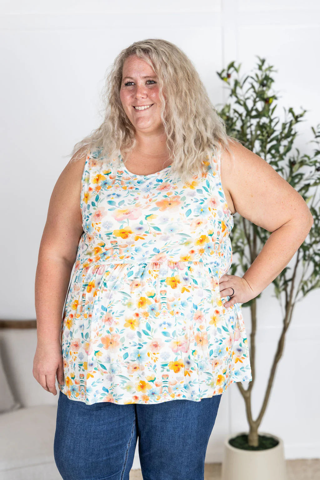 Renee Ruffle Tank Top - Watercolor Floral