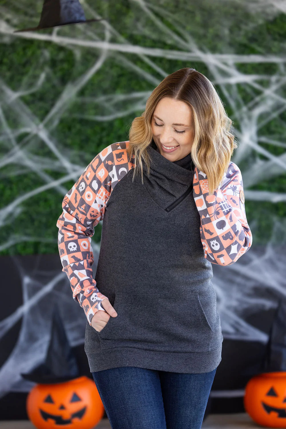 Zoey ZipCowl Sweatshirt -Trick-or-Treat Checkered and Charcoal