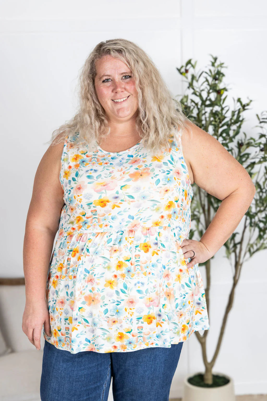 Renee Ruffle Tank Top - Watercolor Floral