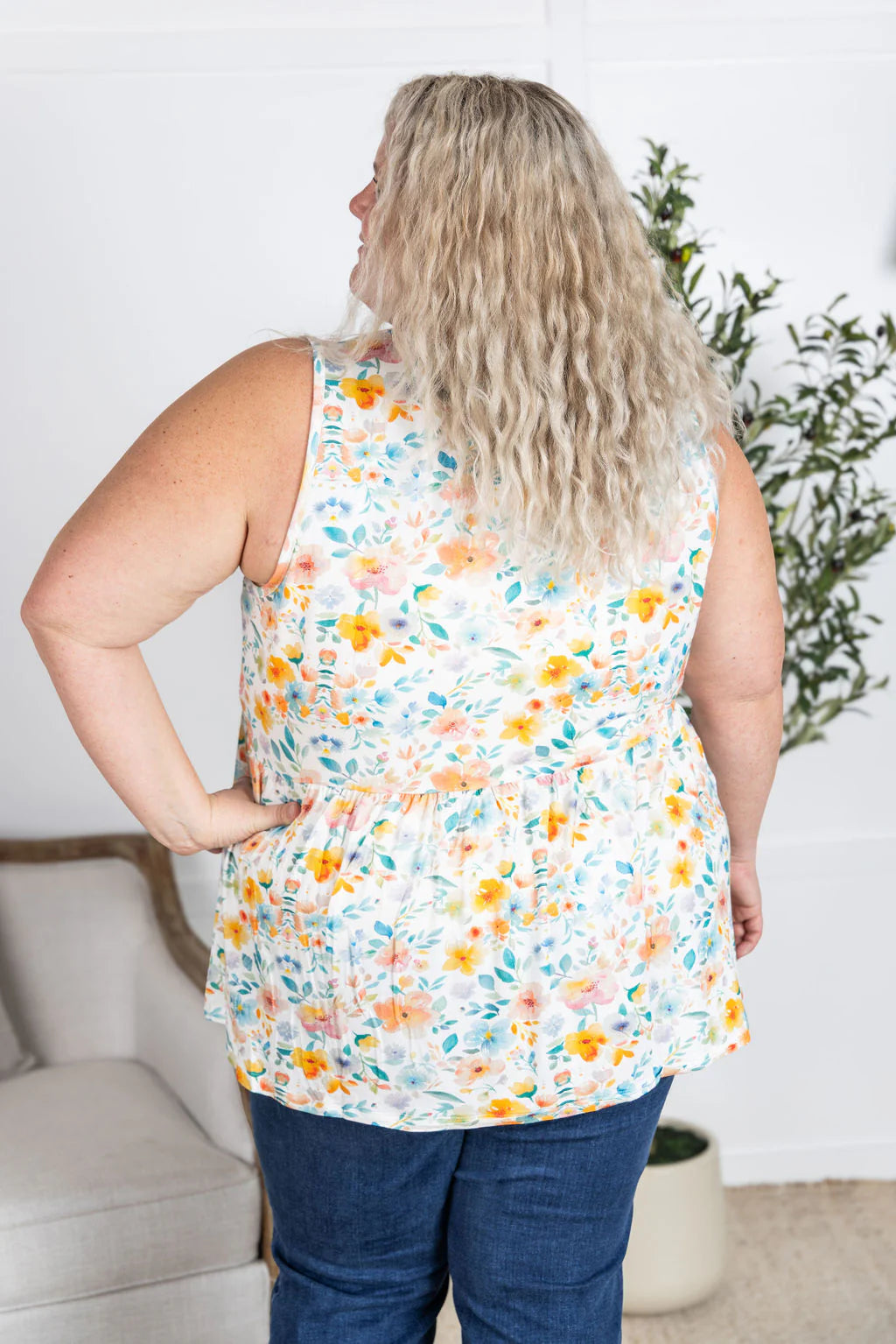 Renee Ruffle Tank Top - Watercolor Floral