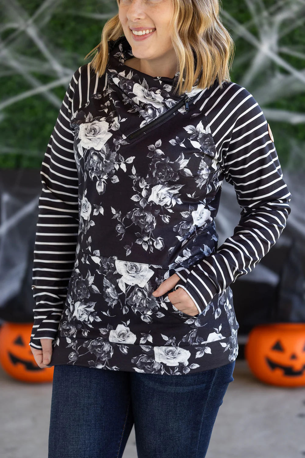 Zoey ZipCowl Sweatshirt - Black Floral and Stripes