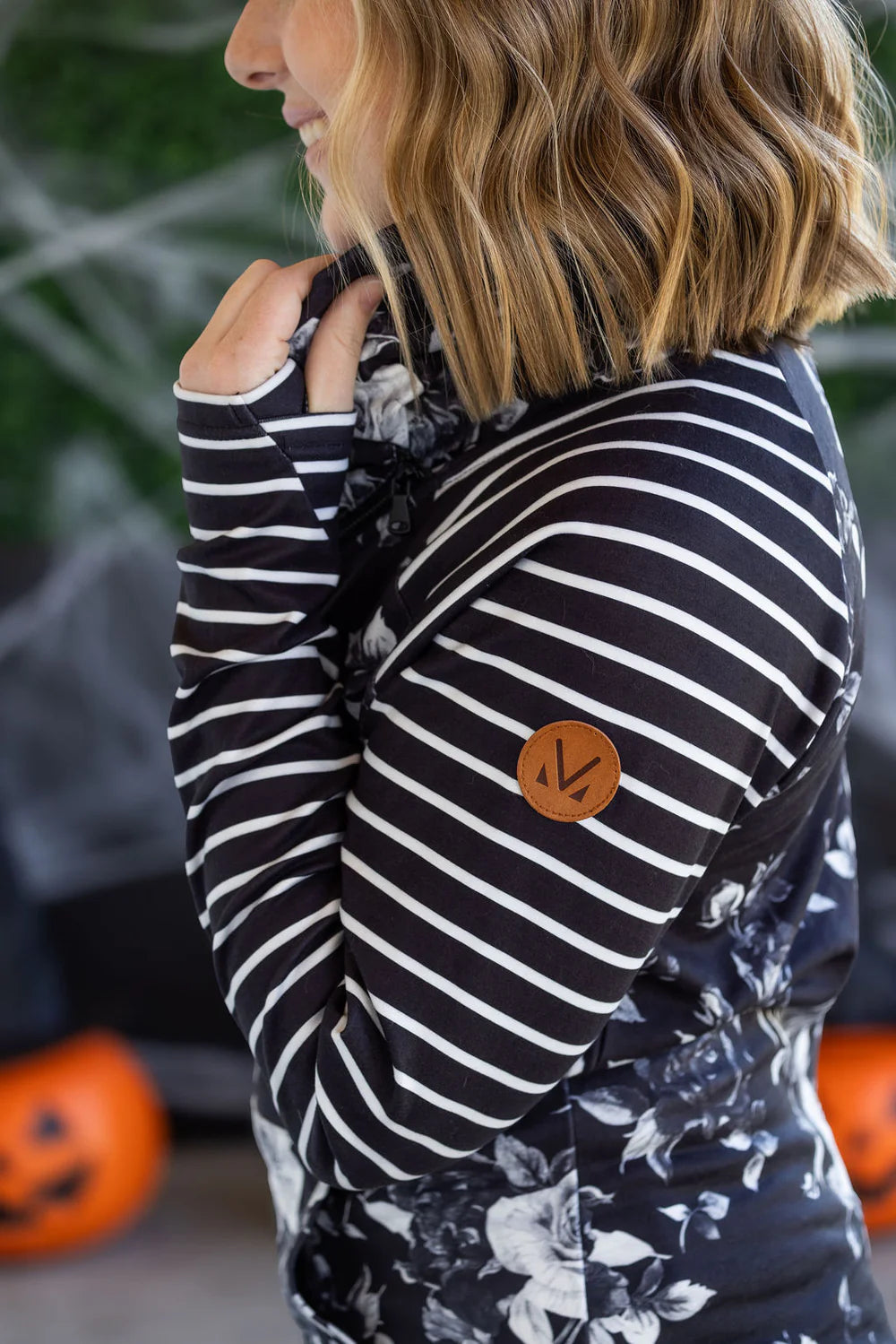 Zoey ZipCowl Sweatshirt - Black Floral and Stripes