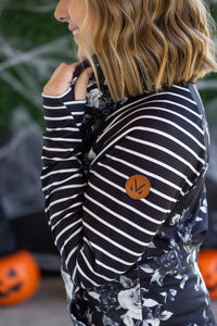 Zoey ZipCowl Sweatshirt - Black Floral and Stripes