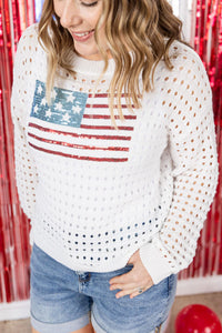 USA Sequin Flag Open Knit Pullover