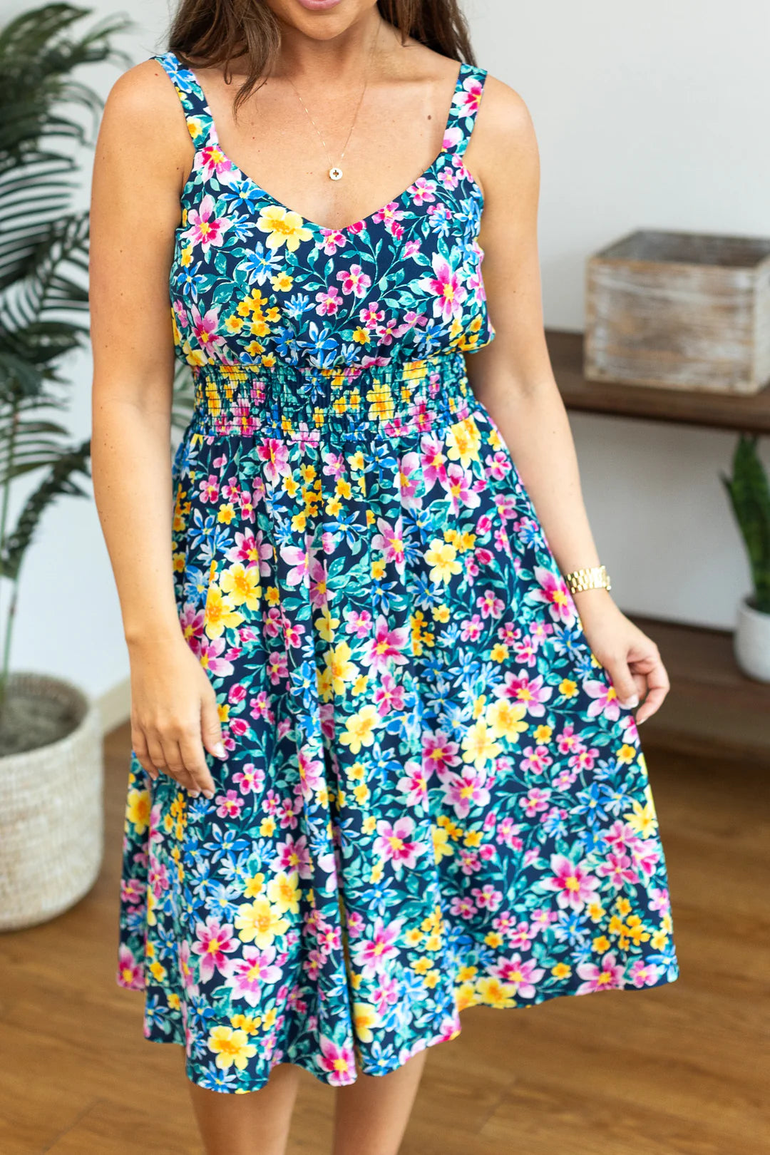 Cassidy Midi Dress - Navy and Yellow Floral