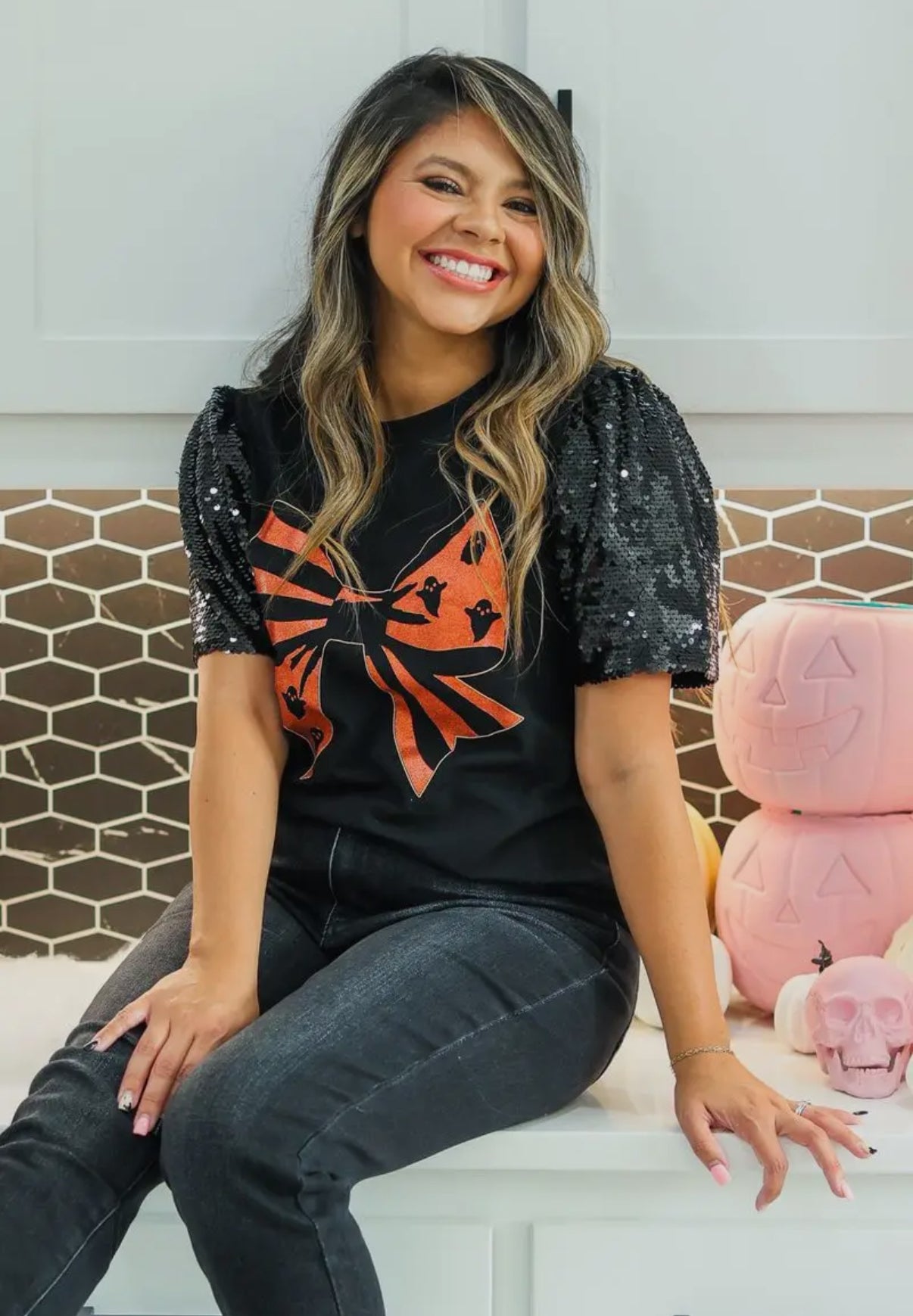 Bow Top With Sequin Sleeves