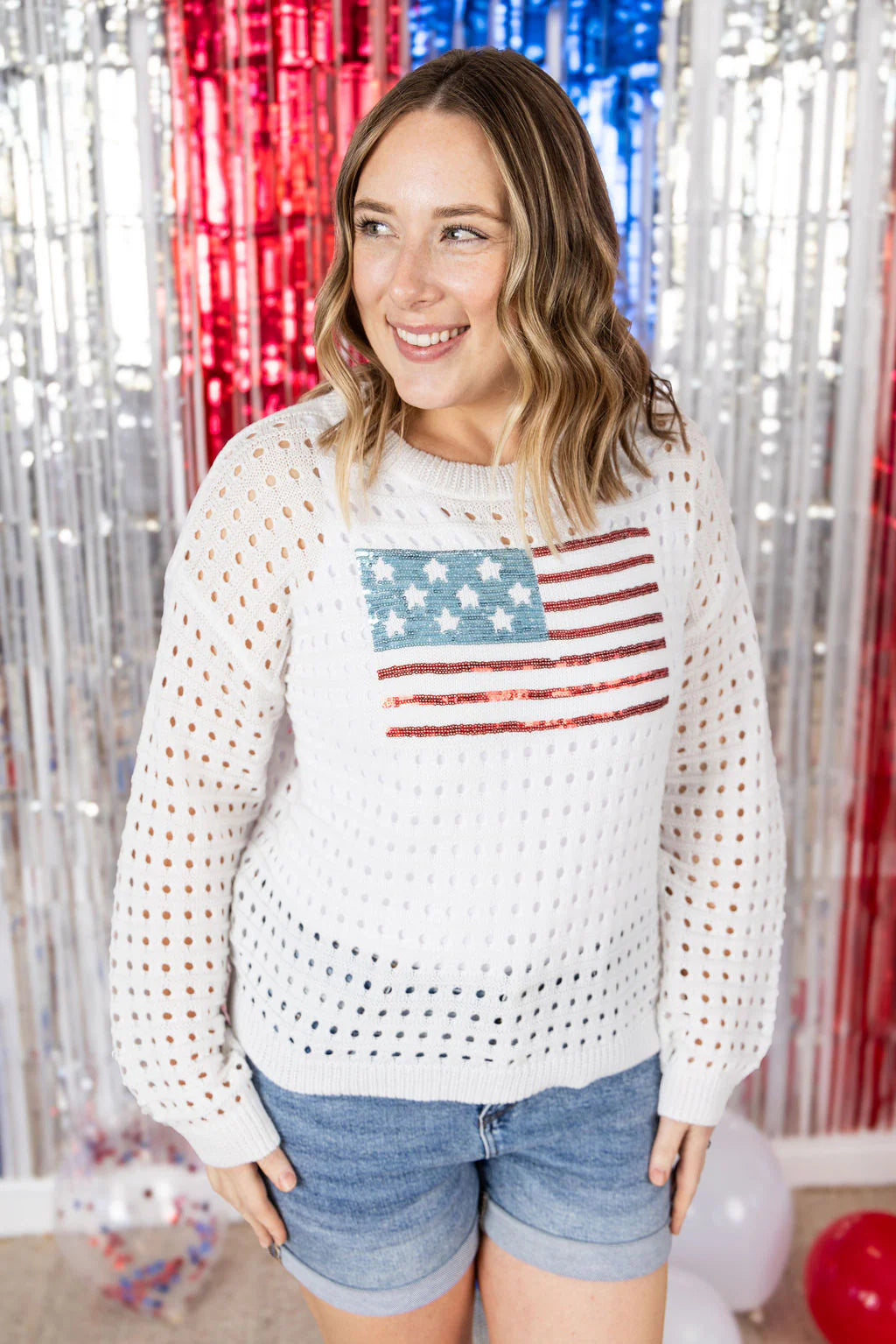 USA Sequin Flag Open Knit Pullover