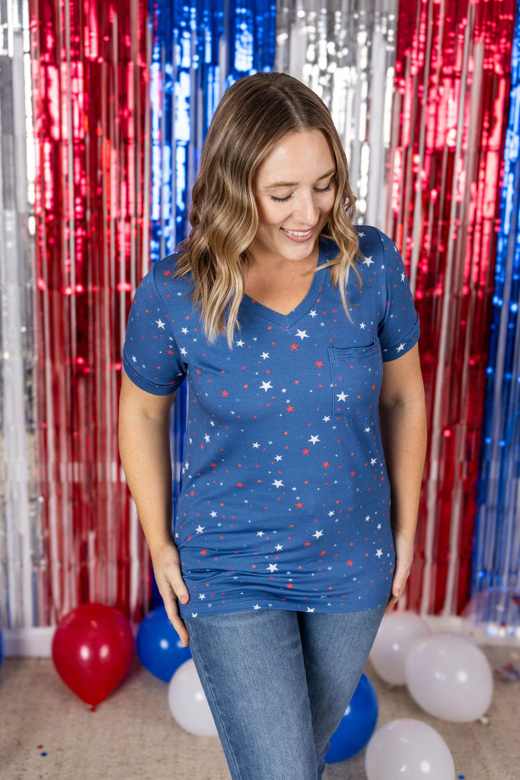 Sophie Pocket Tee - Blue Liberty Stars