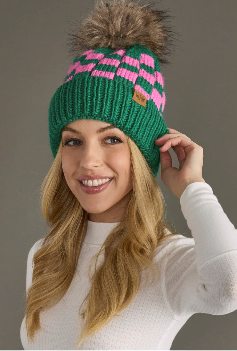 Green & Pink Checkered Knit Pom Beanie