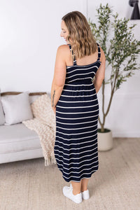 Reagan Ribbed Midi Dress - Midnight Navy Stripes