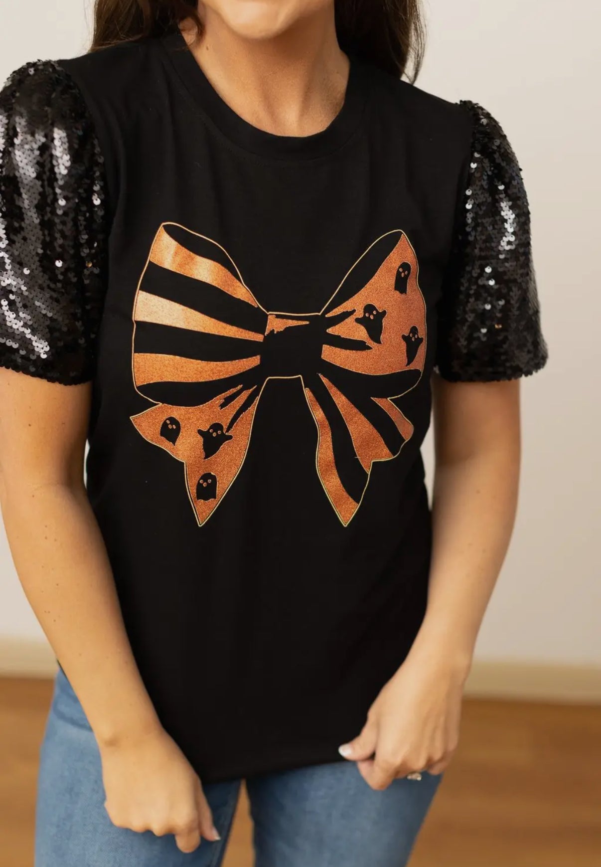 Bow Top With Sequin Sleeves