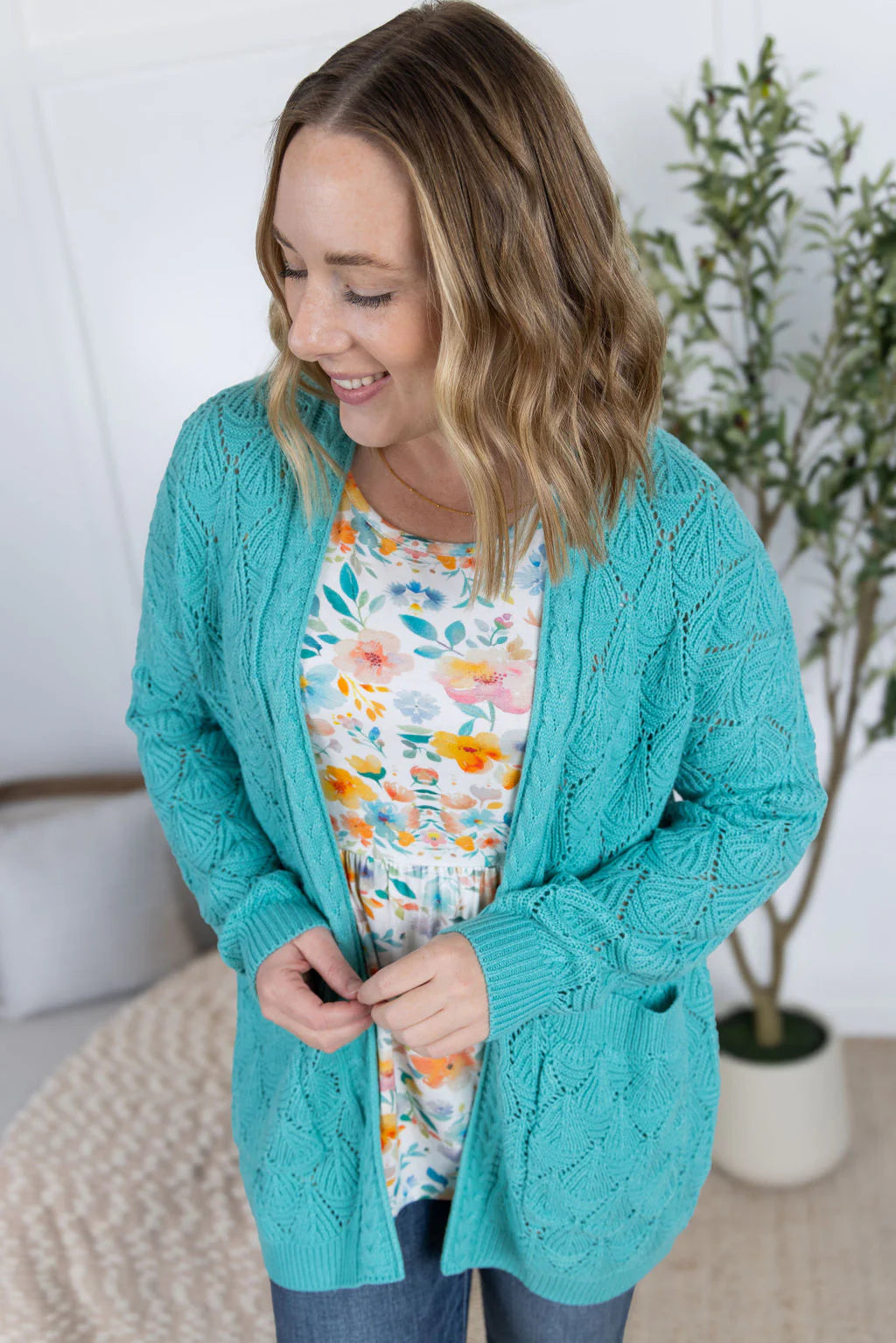 Open Knit Cardigan - Dusty Aqua