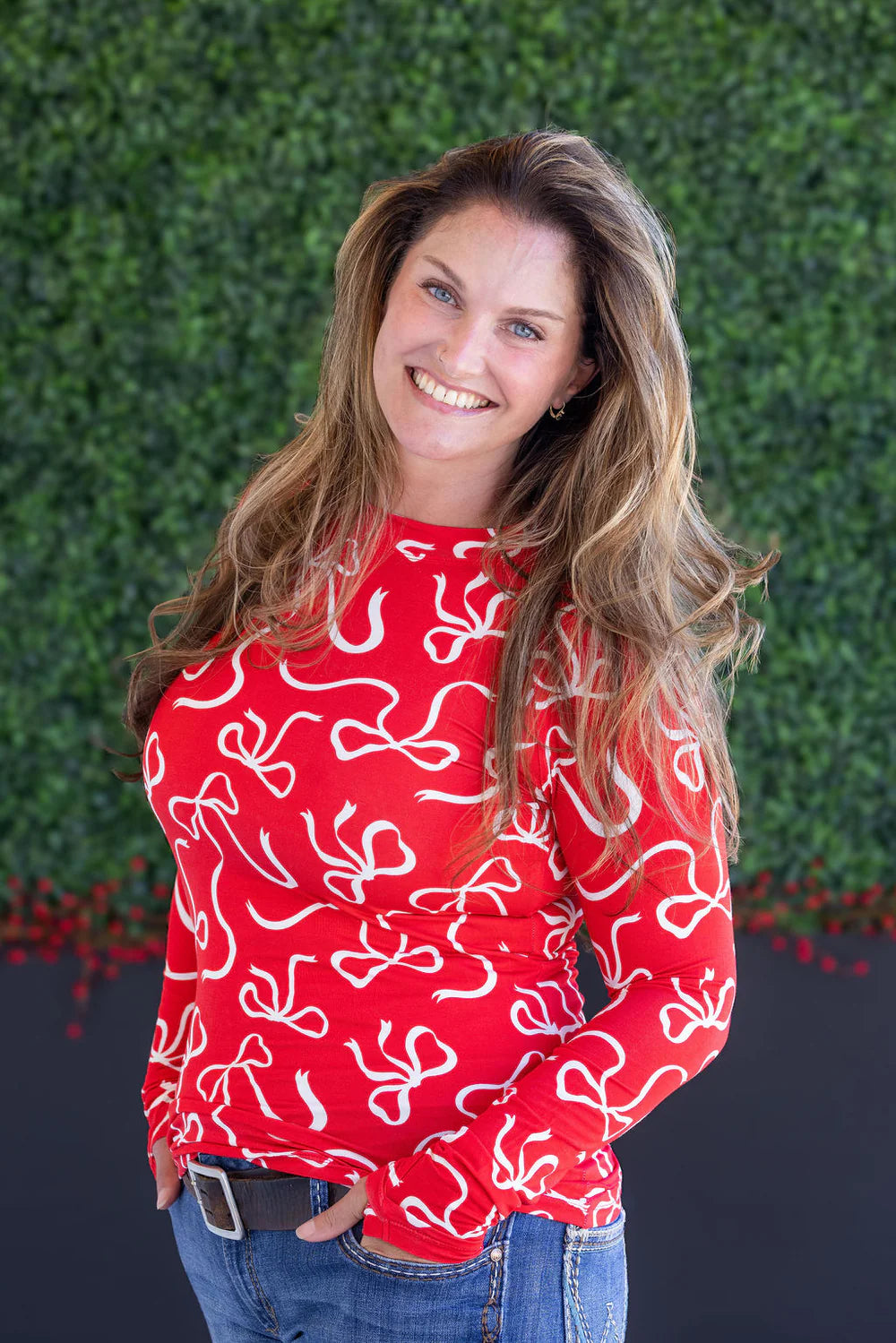 Blair Long Sleeve Top - Red and White Ribbons