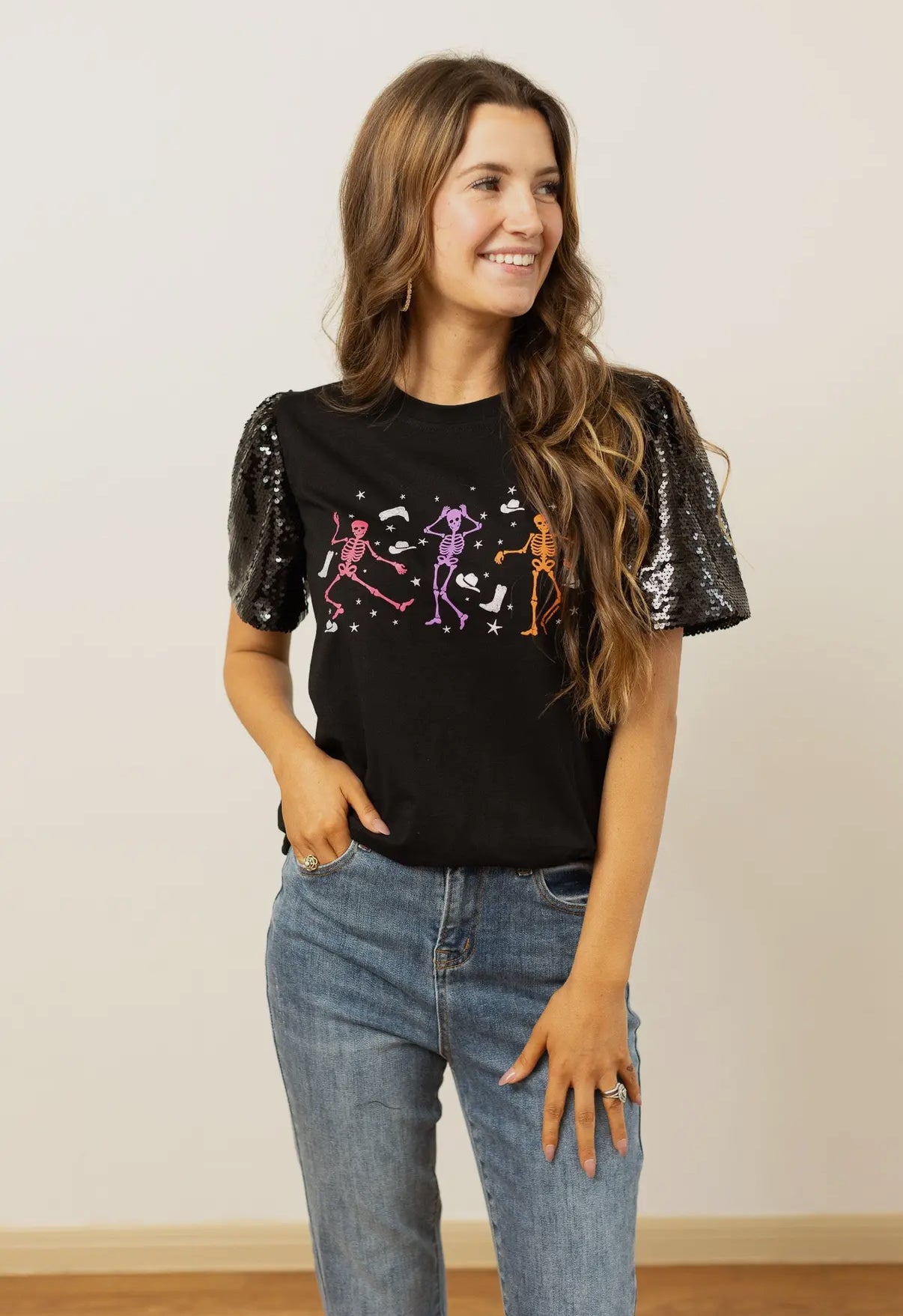 Skelton Top With Sequin Sleeves