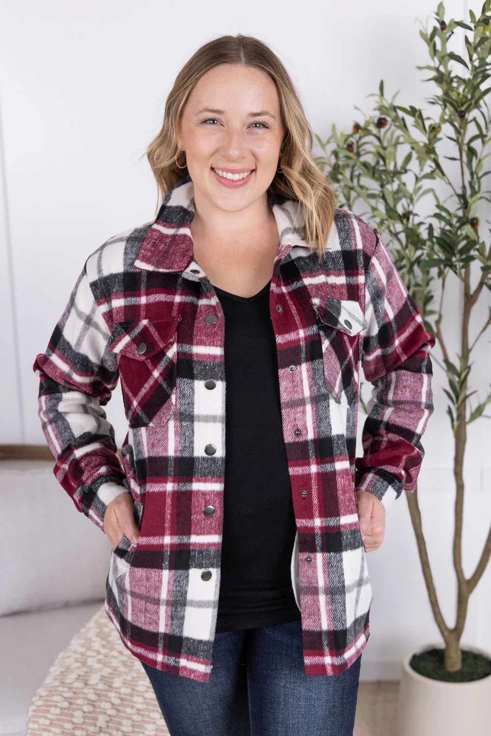 Norah Plaid Shacket - Merlot Mix