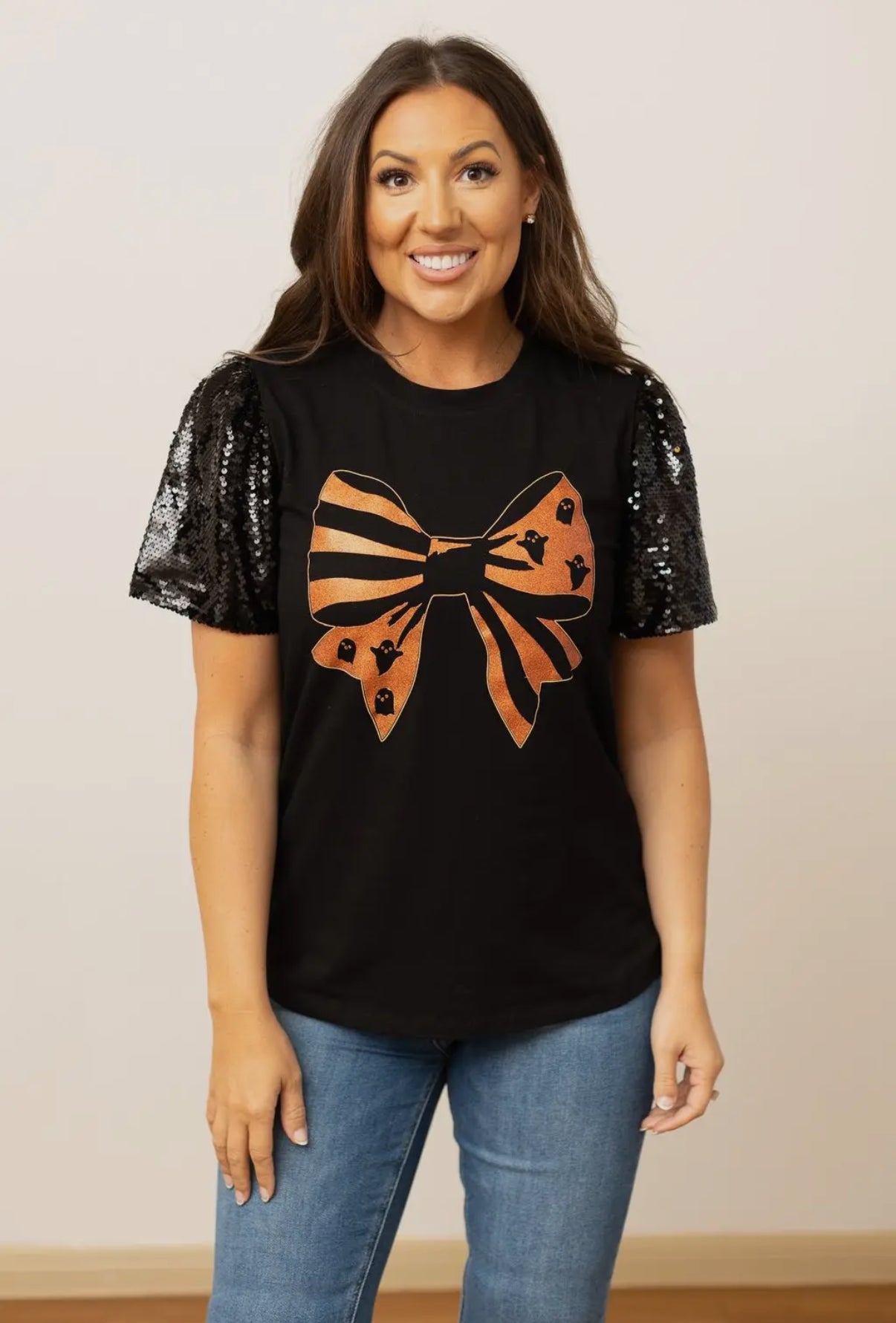 Bow Top With Sequin Sleeves