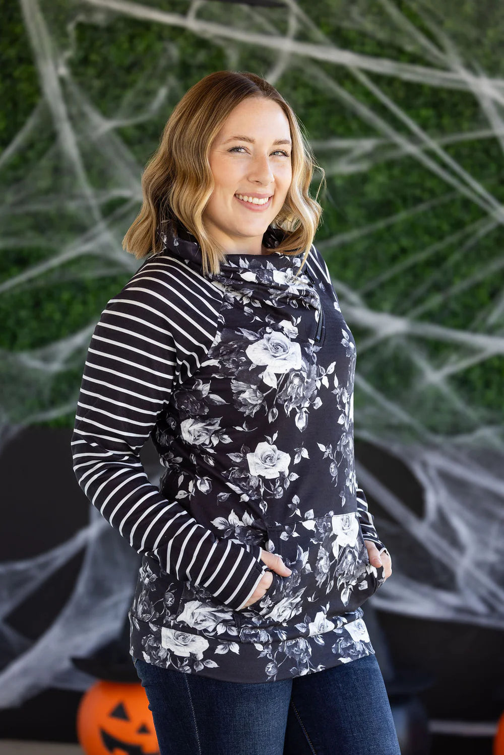 Zoey ZipCowl Sweatshirt - Black Floral and Stripes