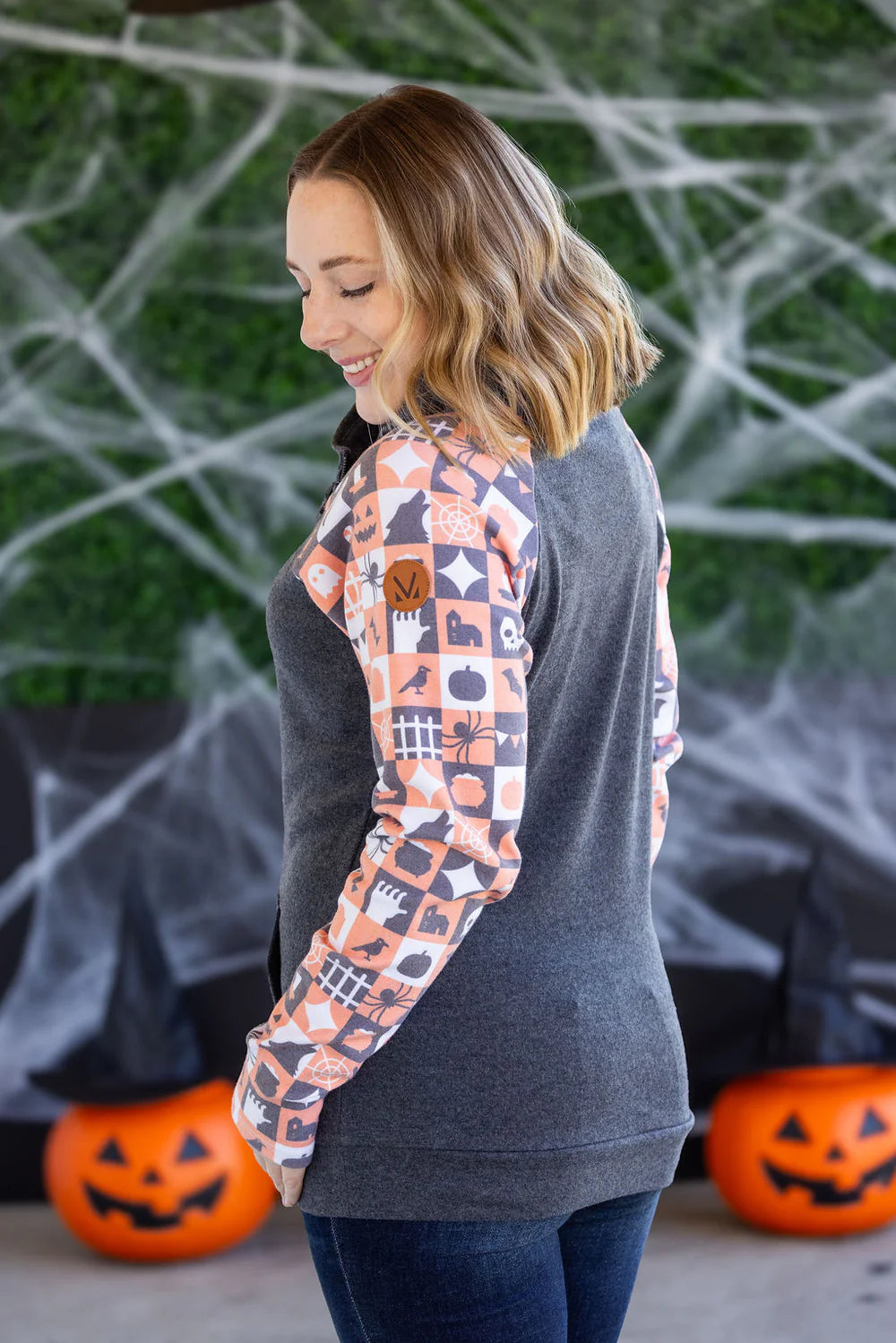 Zoey ZipCowl Sweatshirt -Trick-or-Treat Checkered and Charcoal