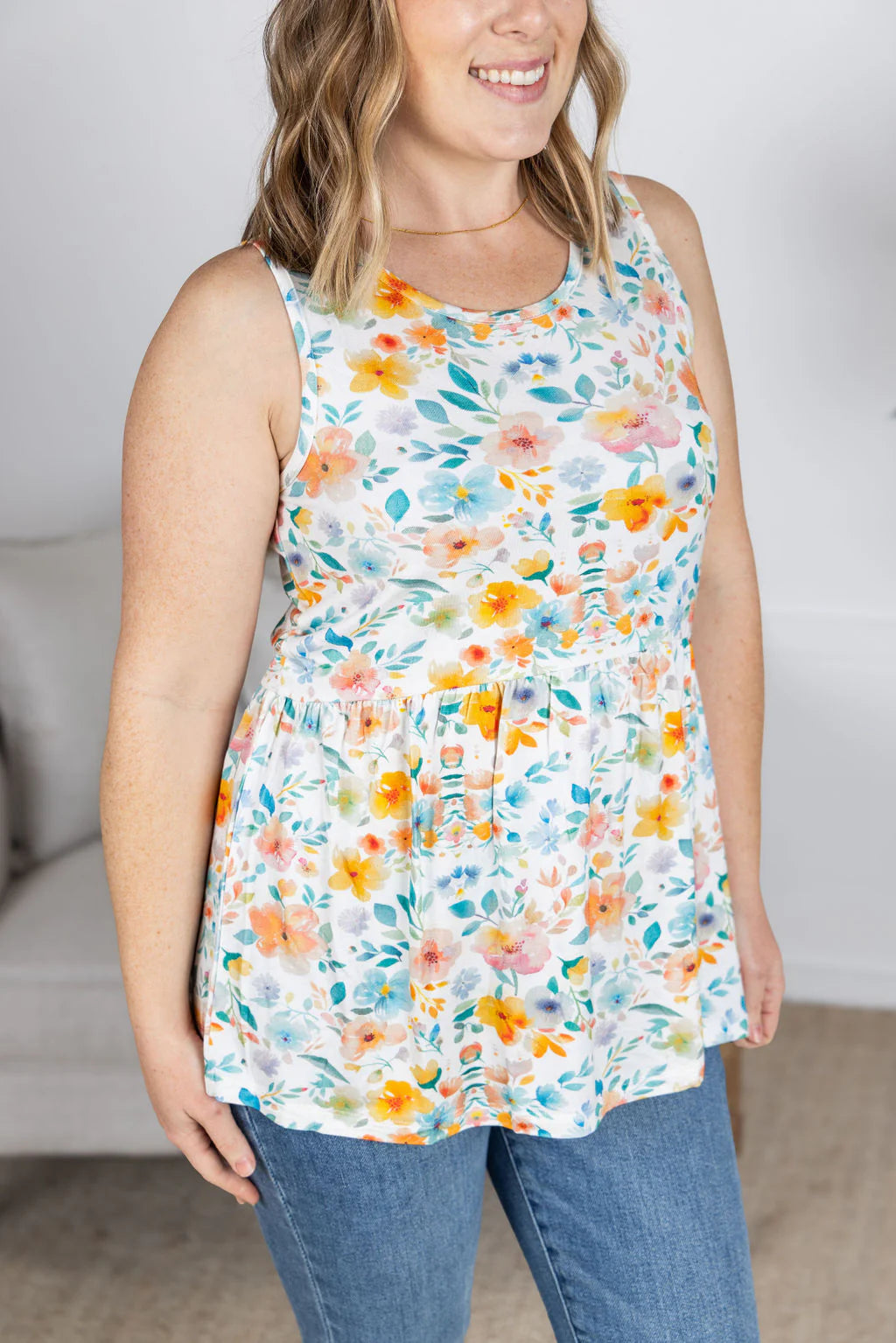 Renee Ruffle Tank Top - Watercolor Floral