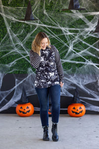 Zoey ZipCowl Sweatshirt - Black Floral and Stripes