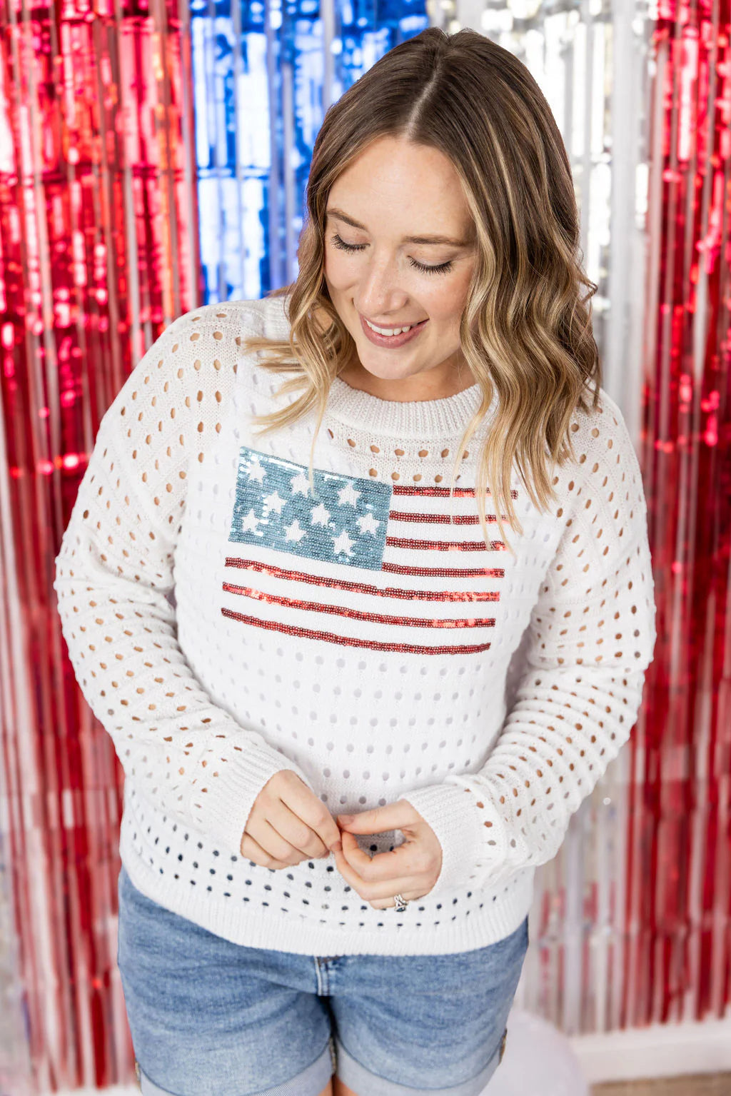 USA Sequin Flag Open Knit Pullover