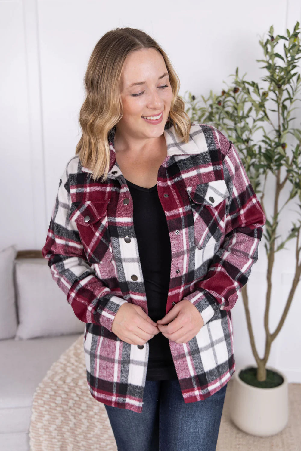 Norah Plaid Shacket - Merlot Mix
