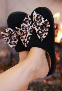 PREORDER-Cozy Bow Slippers- Black/Leopard (Closing orders Friday 9/19 @ 8 PM CST)
