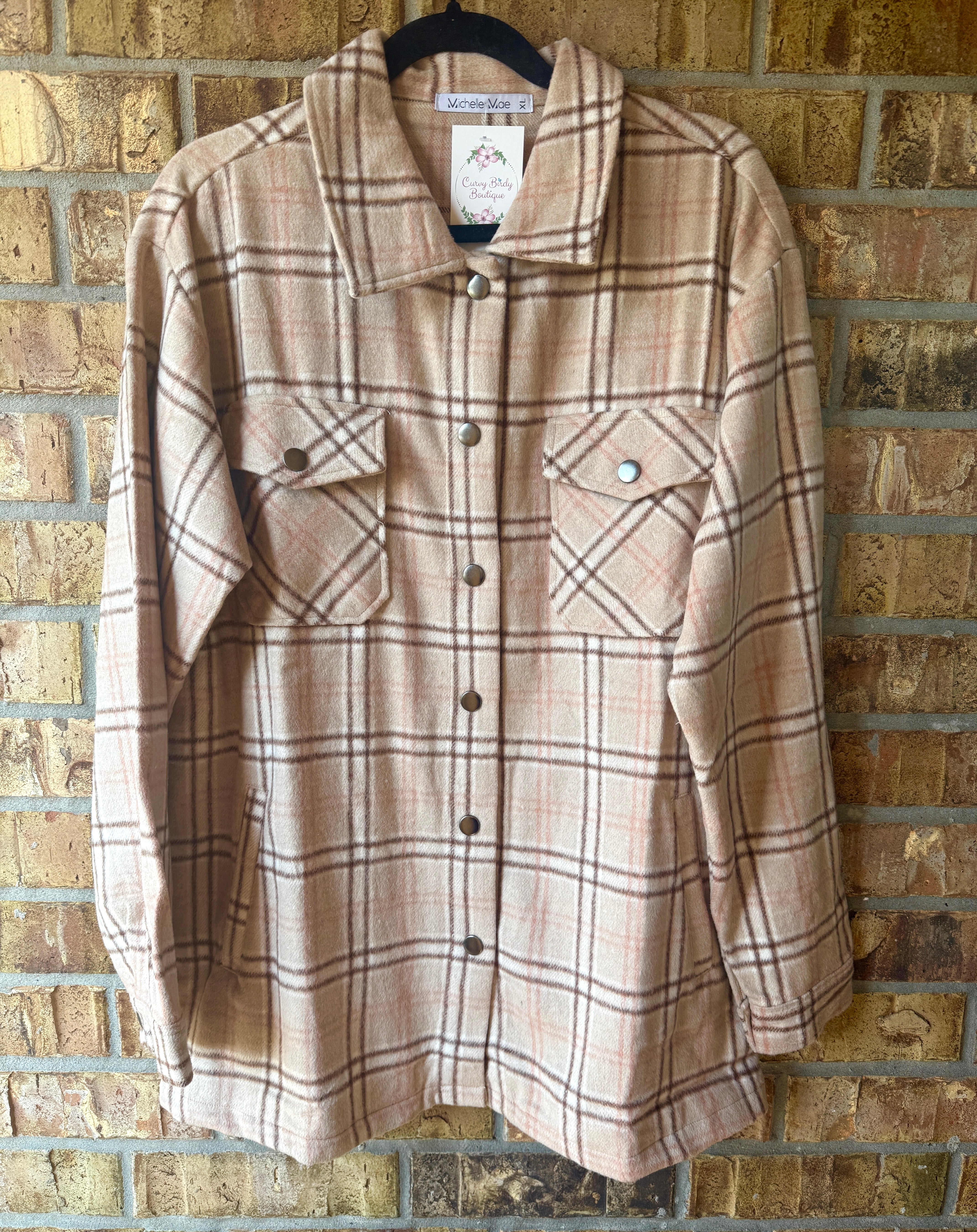 Norah Plaid Shacket - Light Tan and Pink