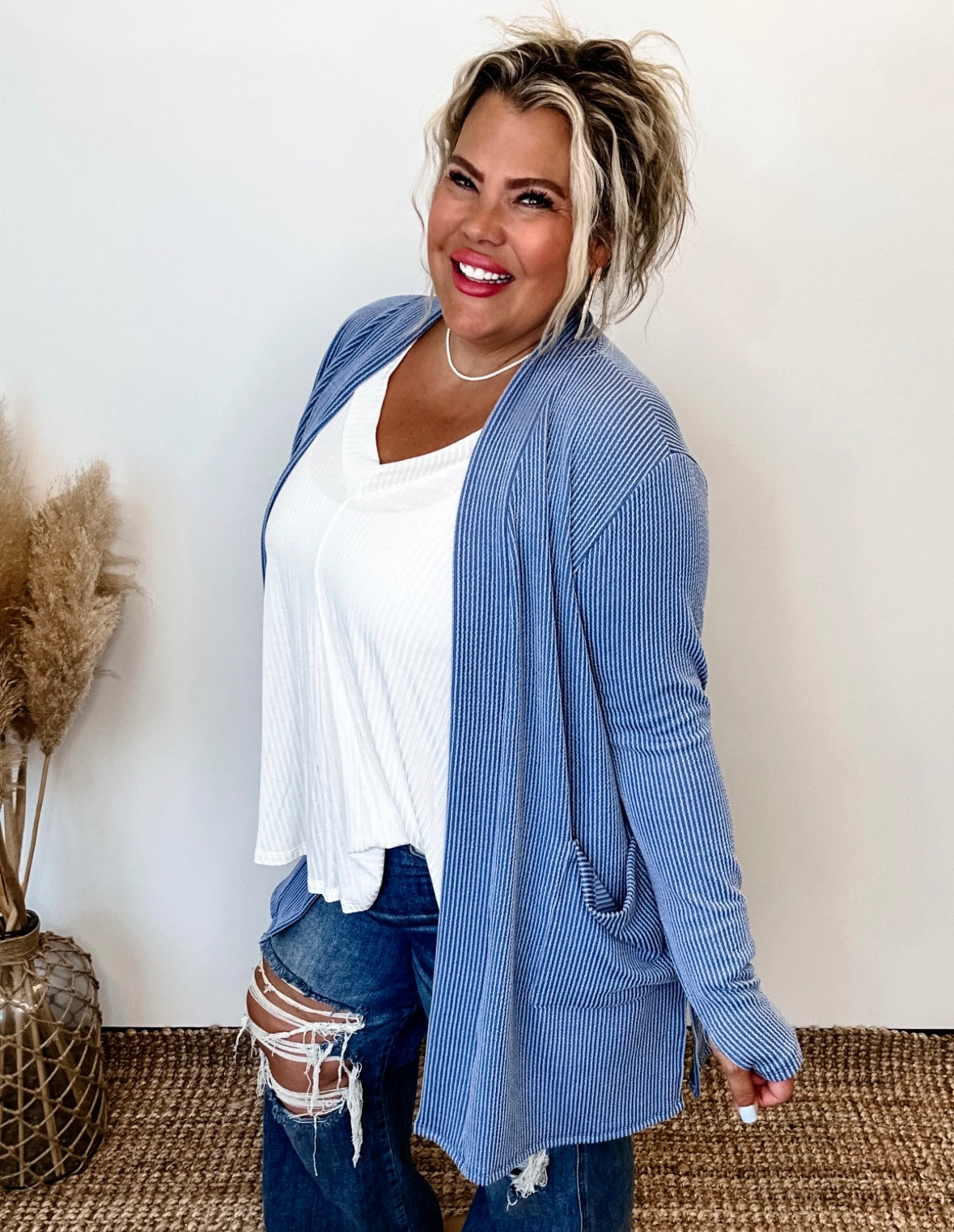 Reese Ribbed Cardigan in Vintage Blue