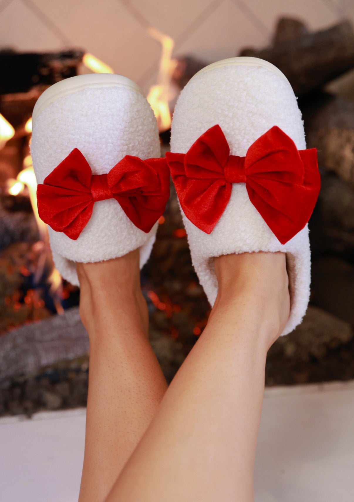 PREORDER-Cozy Bow Slippers- White/Red (Closing orders Friday 9/19 @ 8 PM CST)