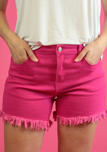Marcie Frayed Denim Shorts in Pink