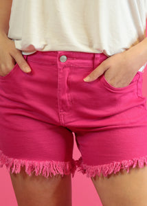 Marcie Frayed Denim Shorts in Pink