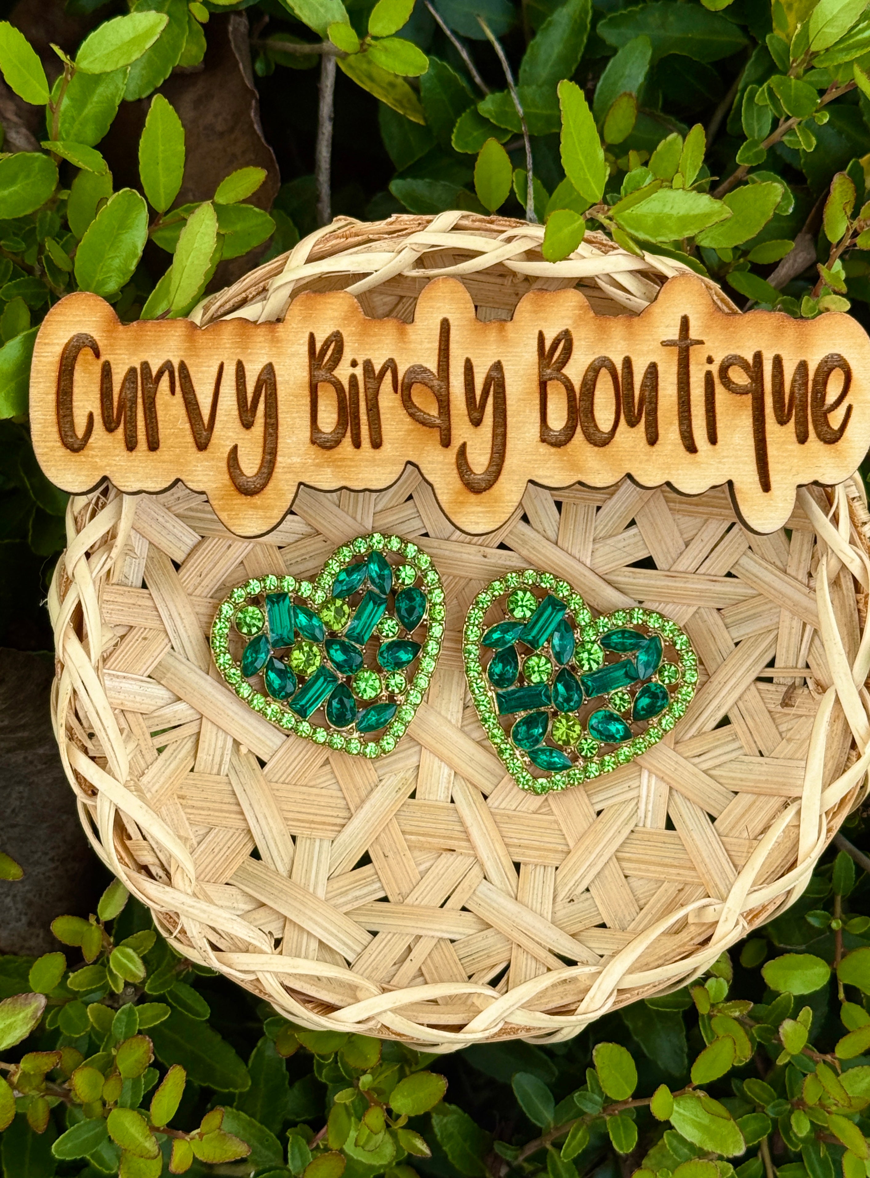 Green Rhinestone Heart Earrings