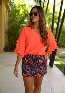 Amy Ruffle Sleeve Top, Neon Coral